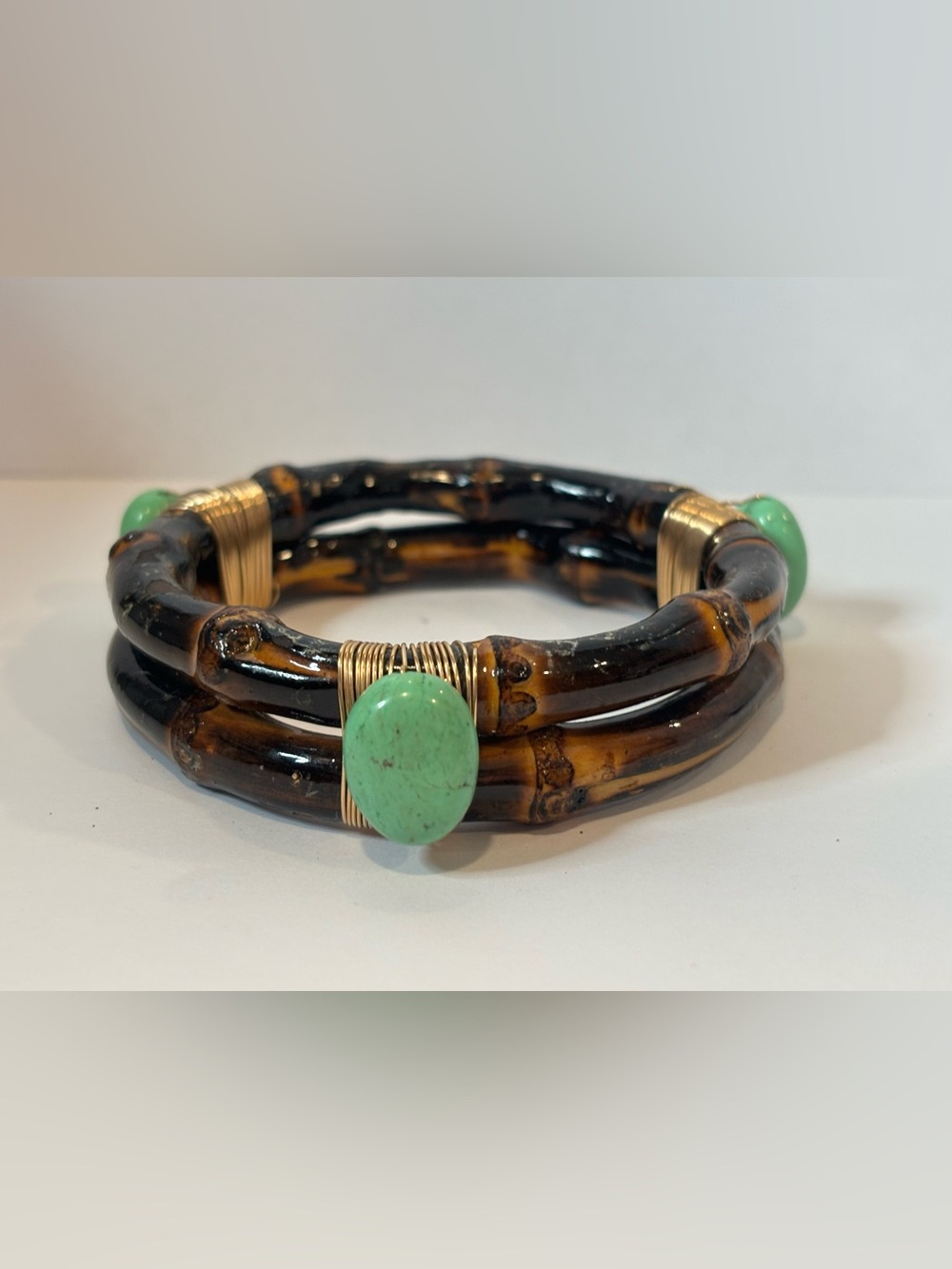 Tortoiseshell Look Bamboo Wrap Bracelet Green Cabochon Boho Statement Cuff